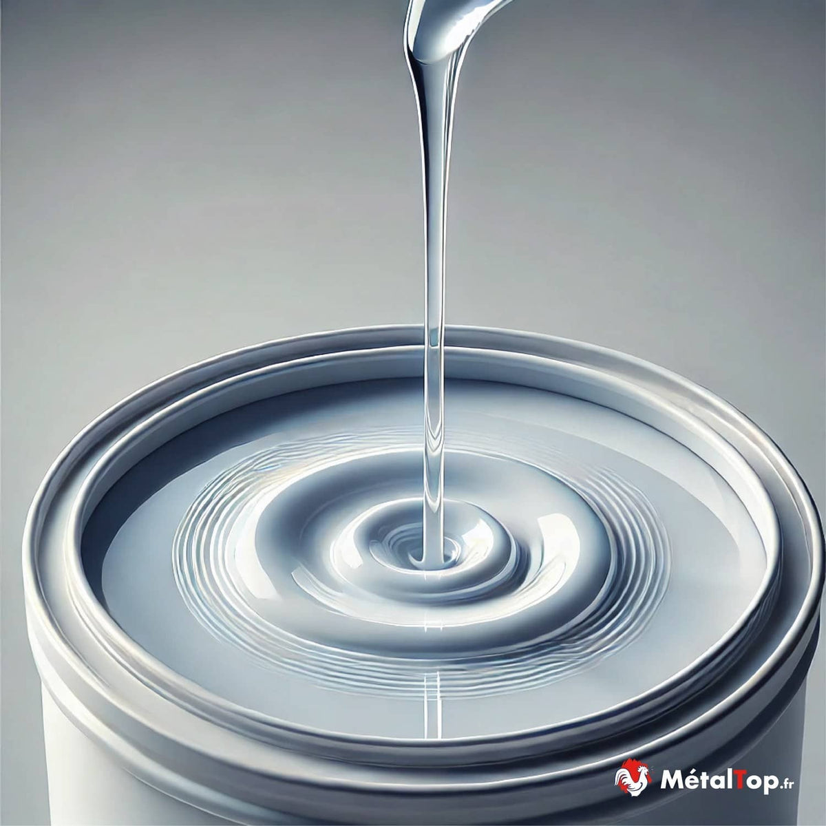 Liquide transparent versé dans un pot métallique, formant des ondulations circulaires à la surface