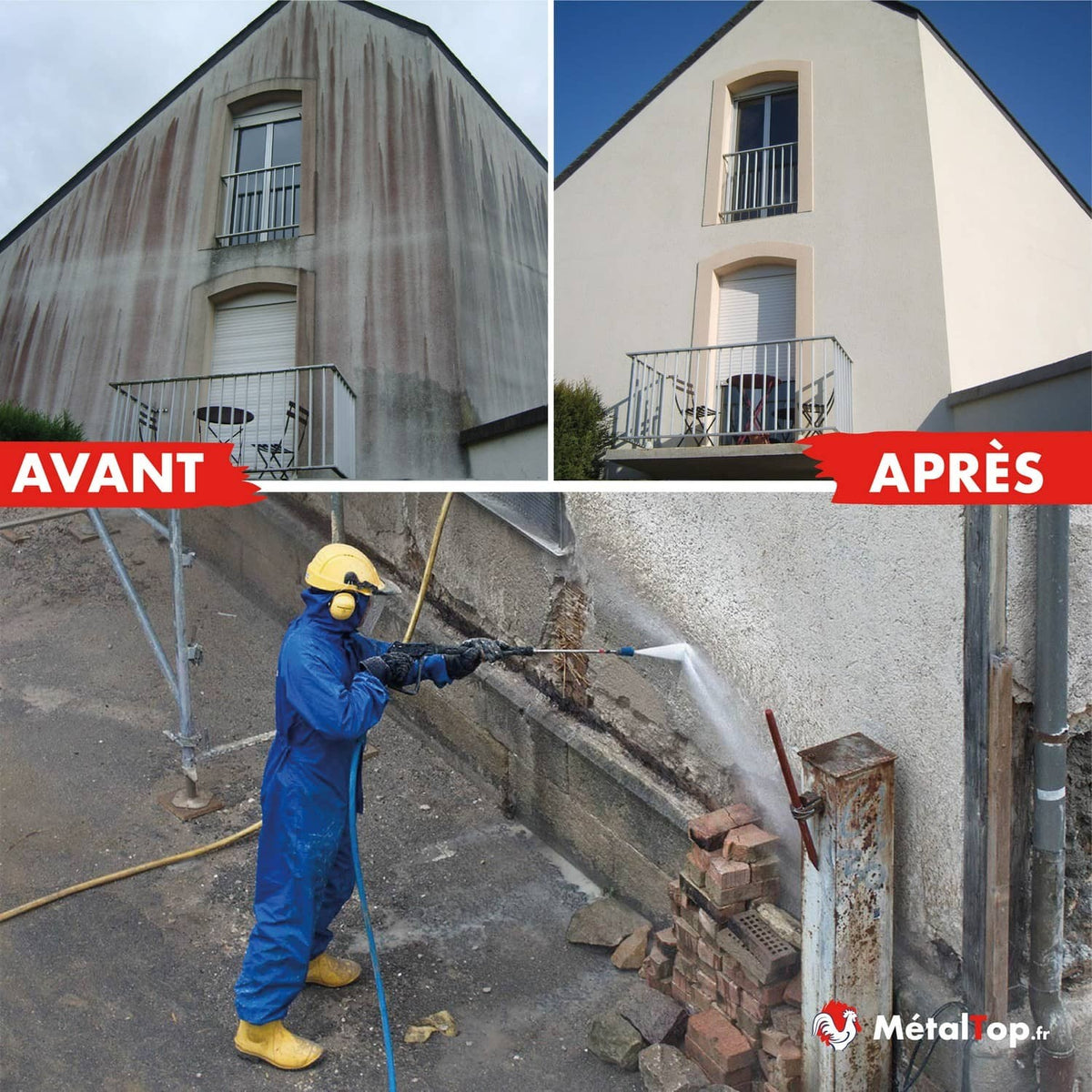 Façade de maison encrassée avant et propre après nettoyage haute pression