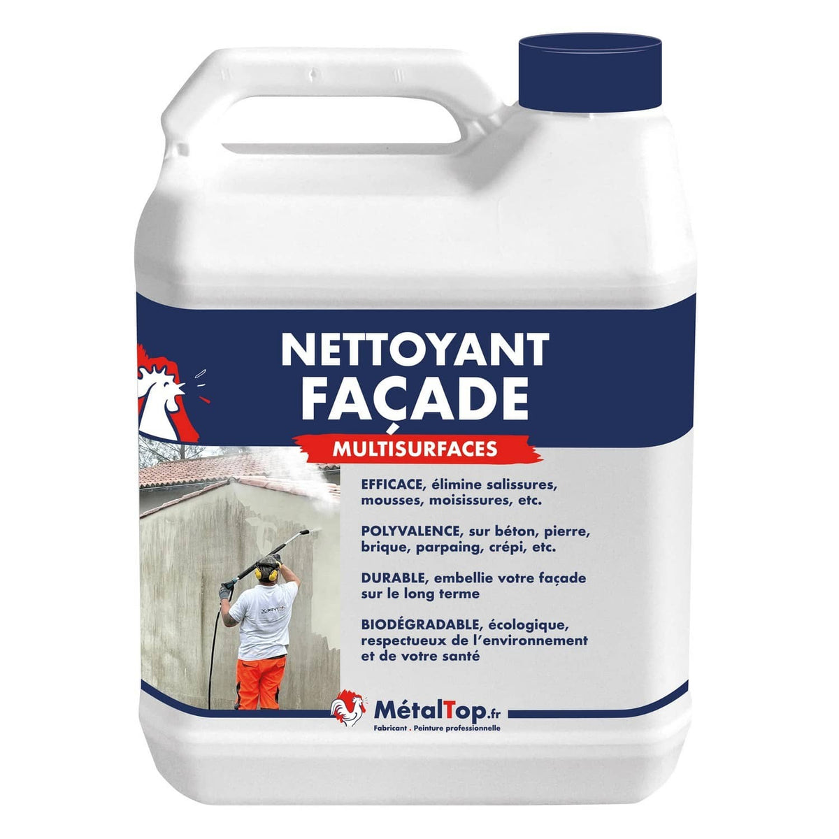 Bidon de nettoyant façade multisurfaces MétalTop, étiquette bleue et rouge
