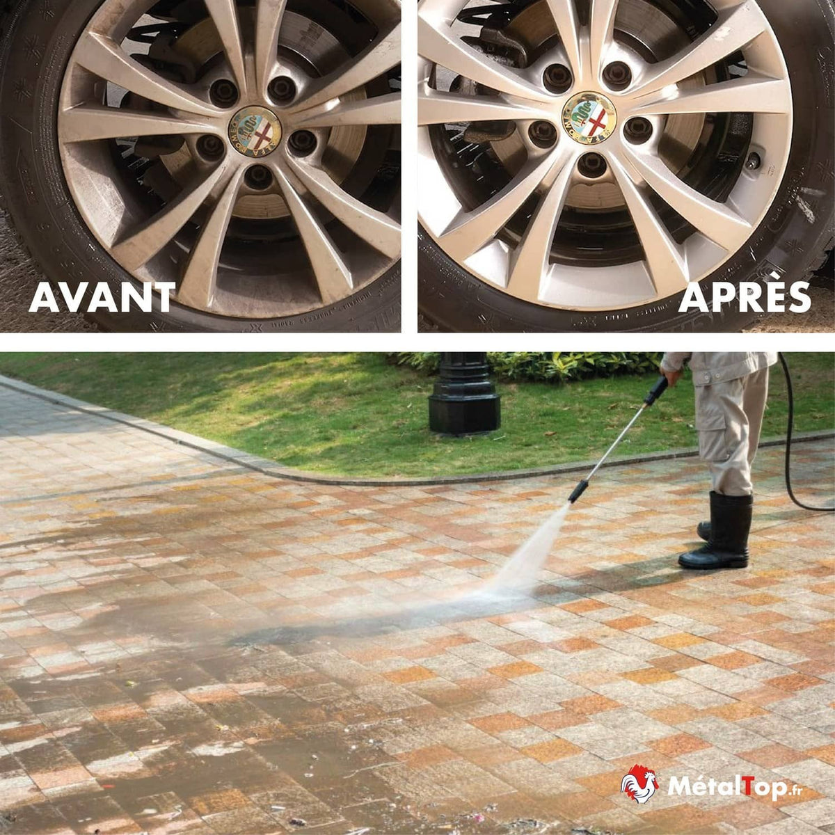 Jante de voiture avant et après nettoyage, et nettoyage d'un pavé au nettoyeur haute pression