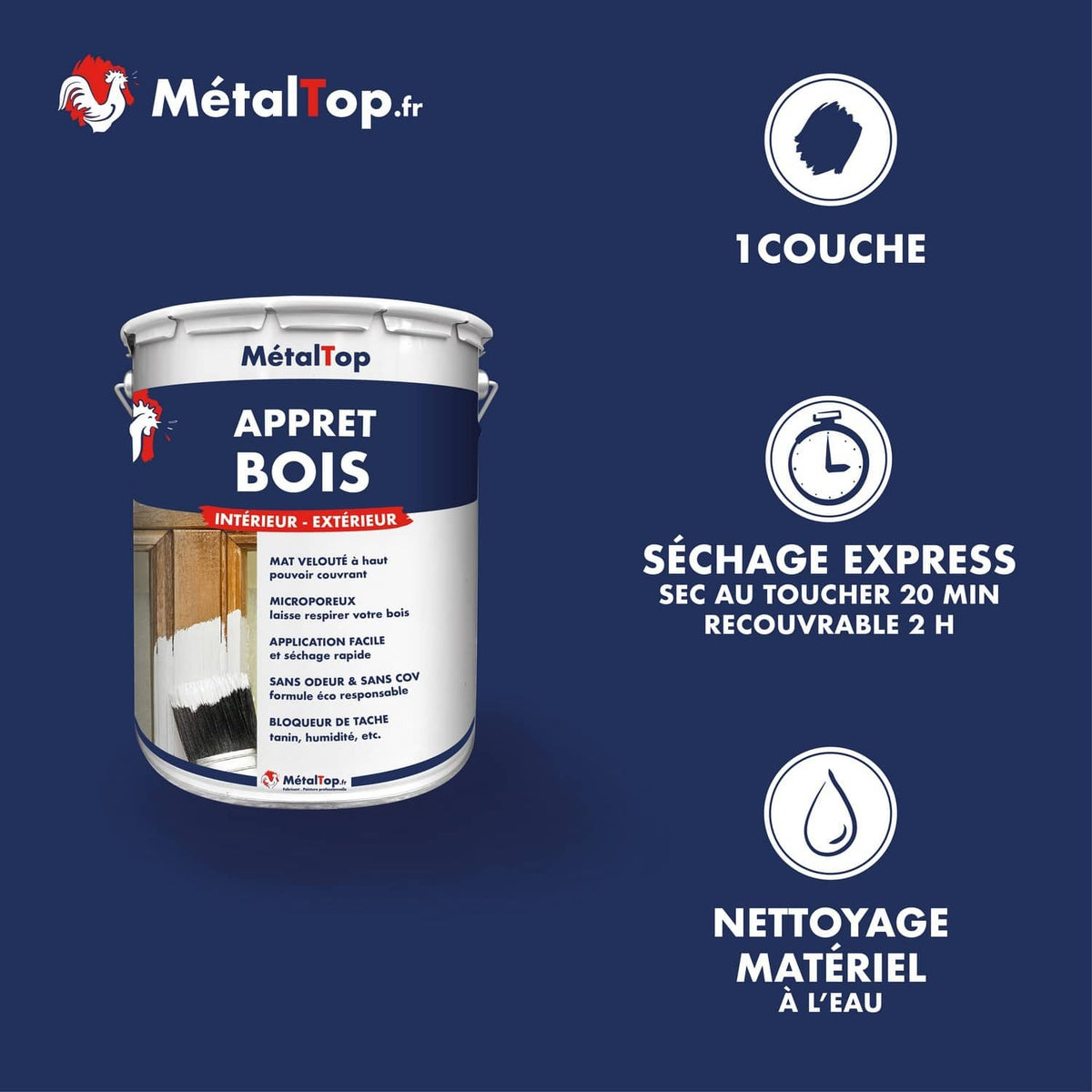 Pot d'apprêt bois MétalTop intérieur-extérieur, mat velouté, séchage express en 20 min