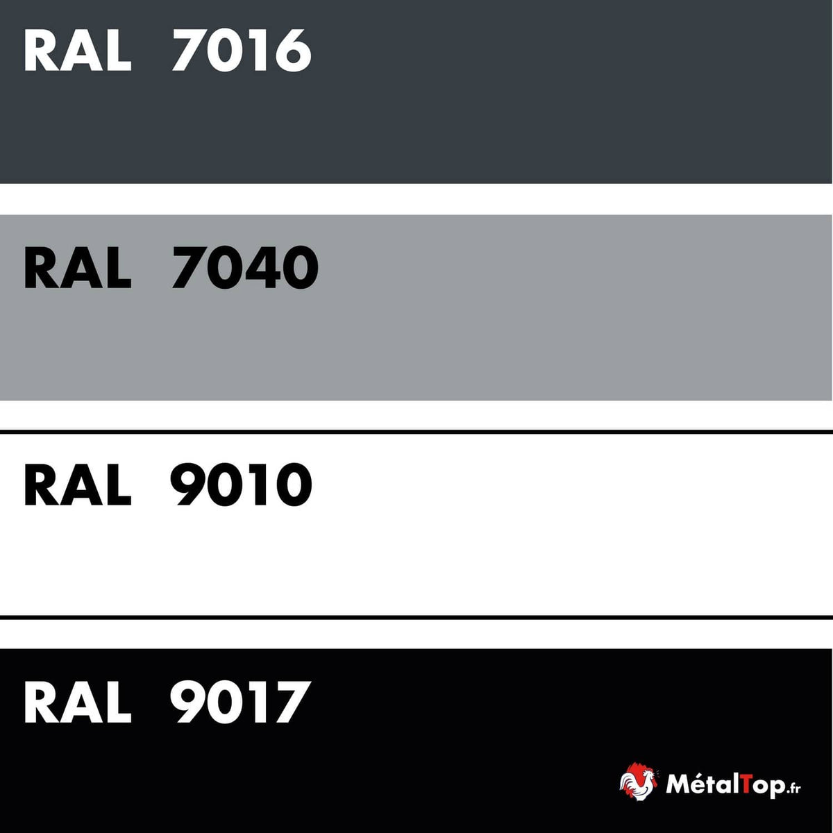 Nuancier RAL : gris anthracite RAL 7016, gris clair RAL 7040, blanc RAL 9010, noir RAL 9017