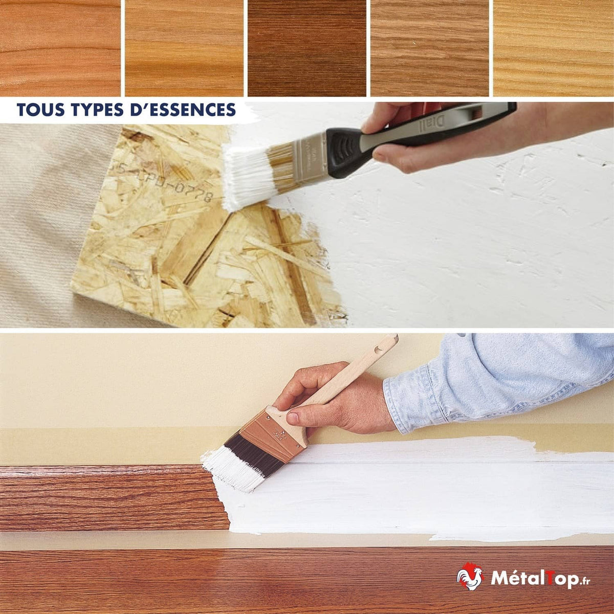 Application de peinture blanche sur bois et panneau OSB, avec échantillons de différentes essences de bois