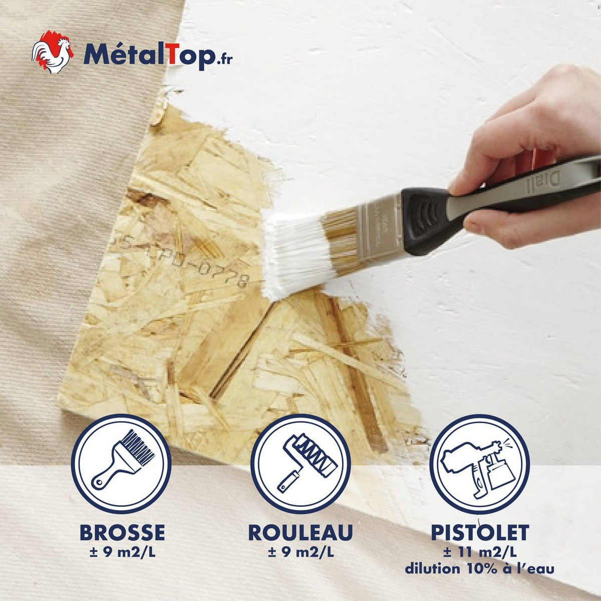 Peinture blanche MétalTop appliquée au pinceau sur panneau OSB, rendements par outil