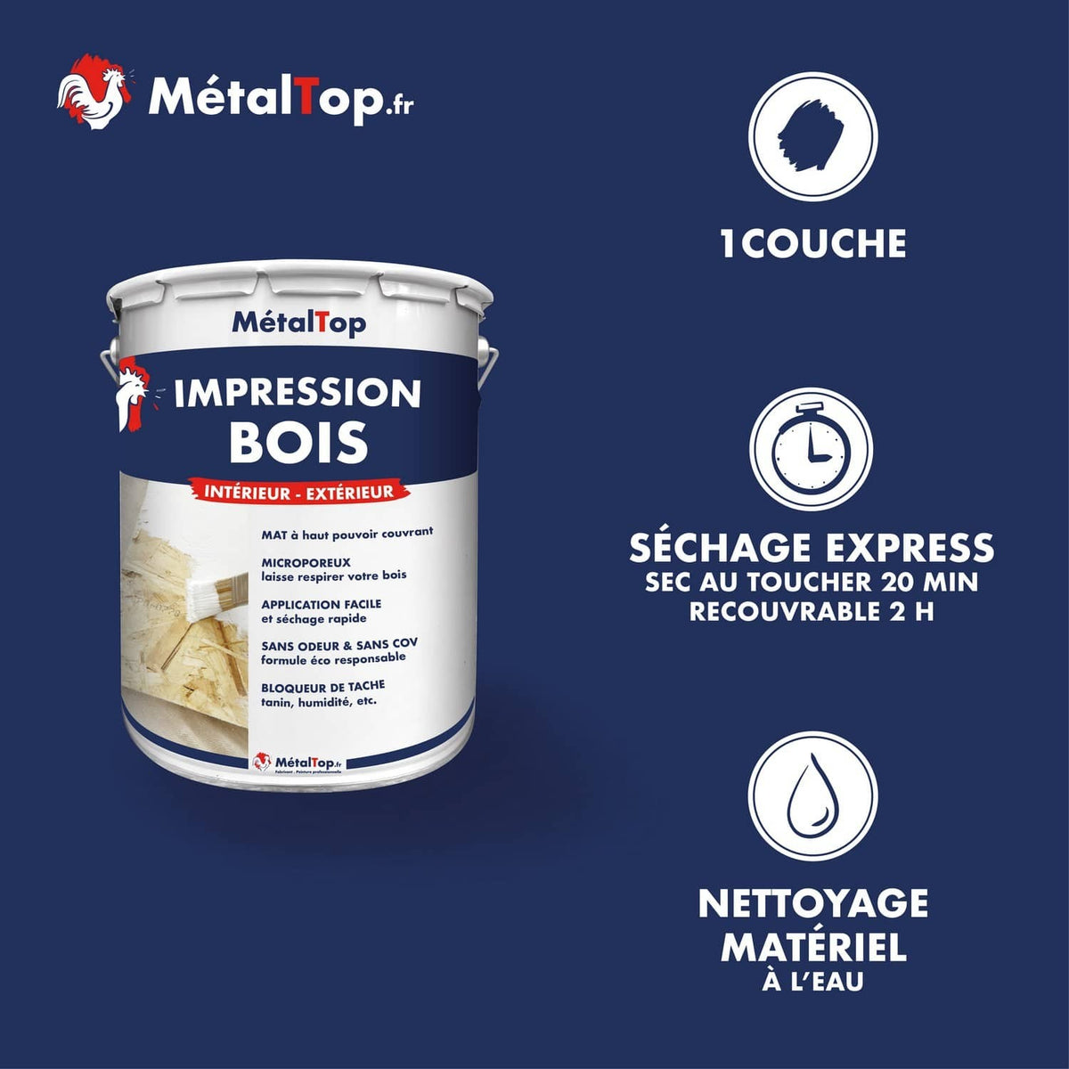 Pot de sous-couche Impression Bois MétalTop, mate, intérieur-extérieur, pour bois
