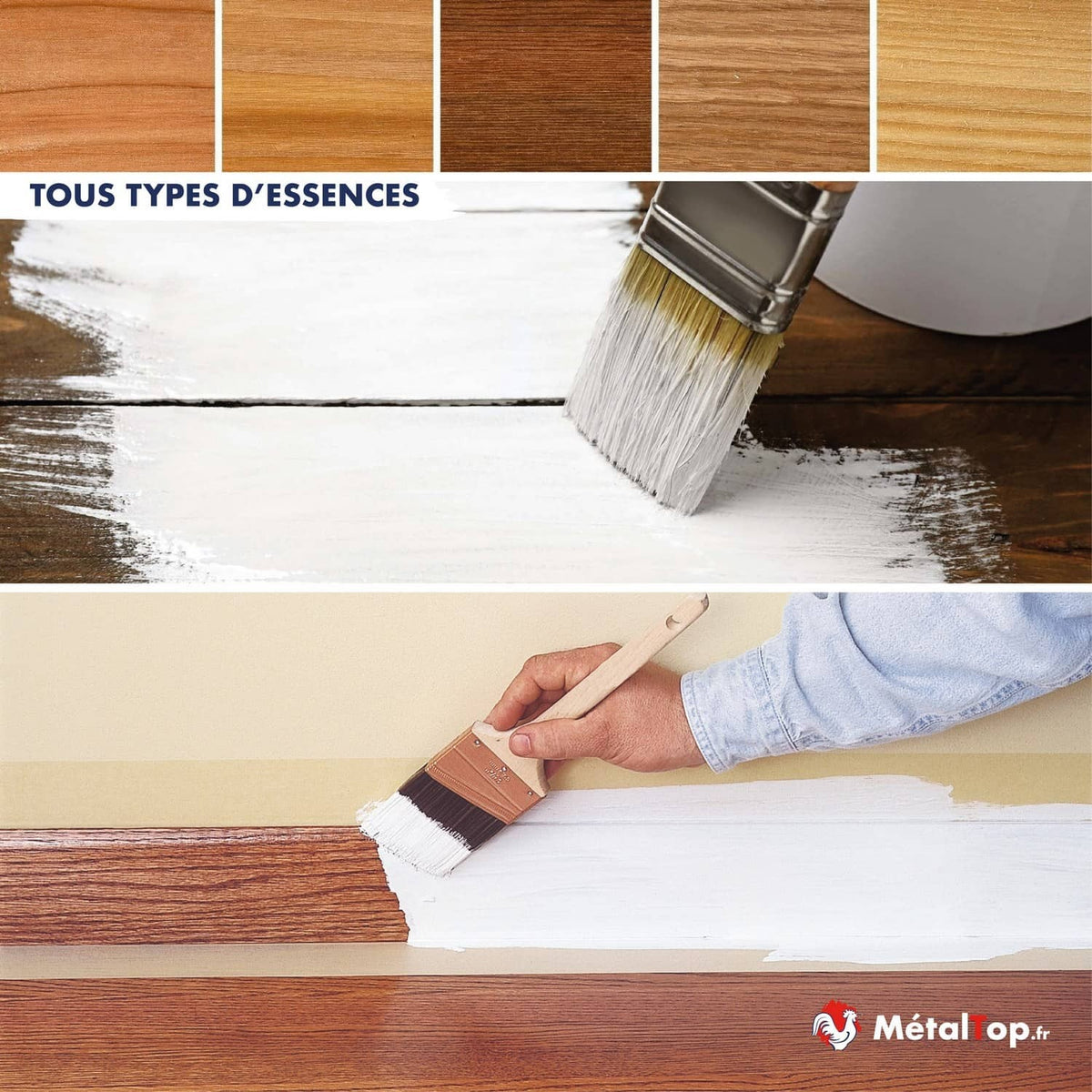 Pinceau appliquant de la peinture blanche sur différentes essences de bois, plinthe et parquet