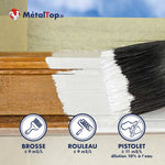 Application de peinture MétalTop blanche au pinceau, au rouleau et au pistolet sur bois