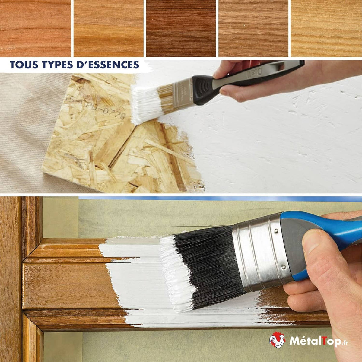Peinture blanche appliquée au pinceau sur un cadre en bois et un panneau OSB, tous types d'essences