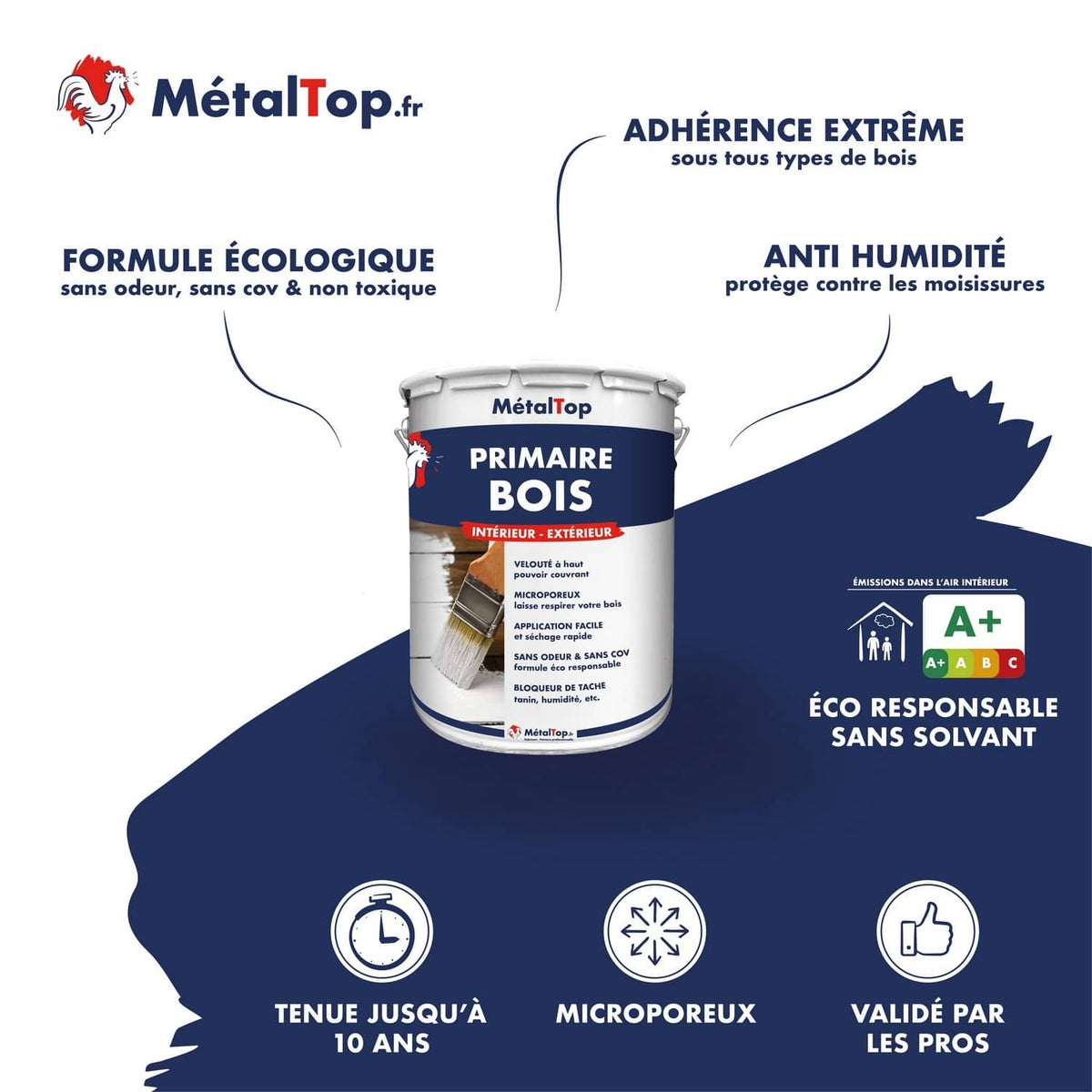 Pot de primaire bois MétalTop intérieur-extérieur, microporeux, sans solvant et anti-humidité