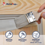 Peinture MétalTop appliquée au pinceau sur bois clair, rendements brosse, rouleau et pistolet