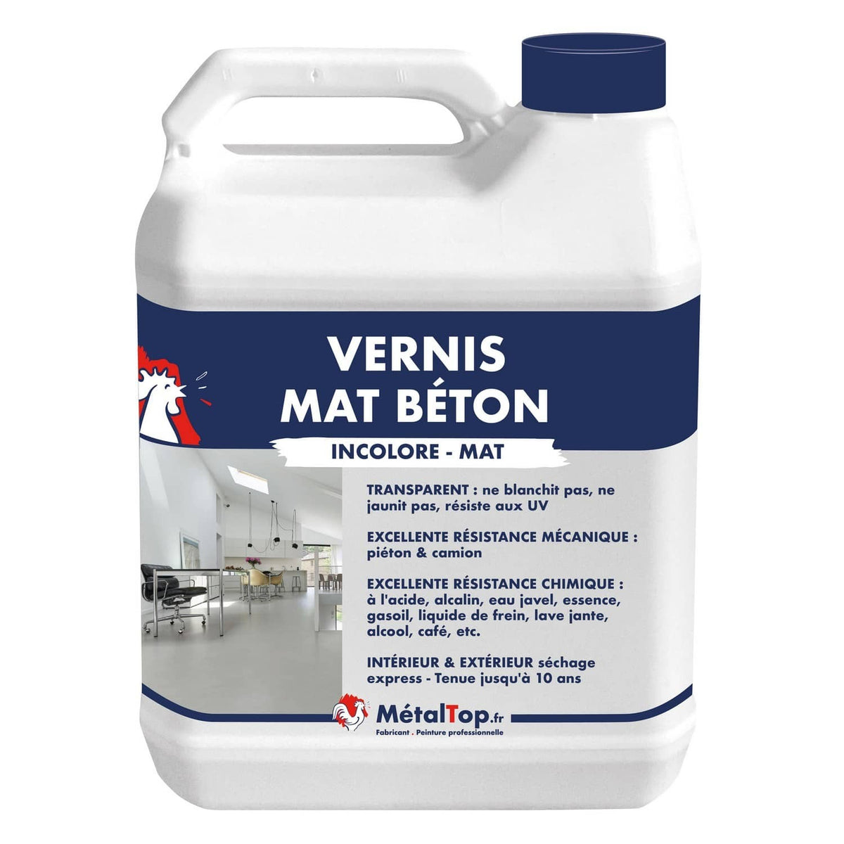 Bidon blanc de Vernis Mat Béton incolore MétalTop, étiquette bleue marine et logo coq