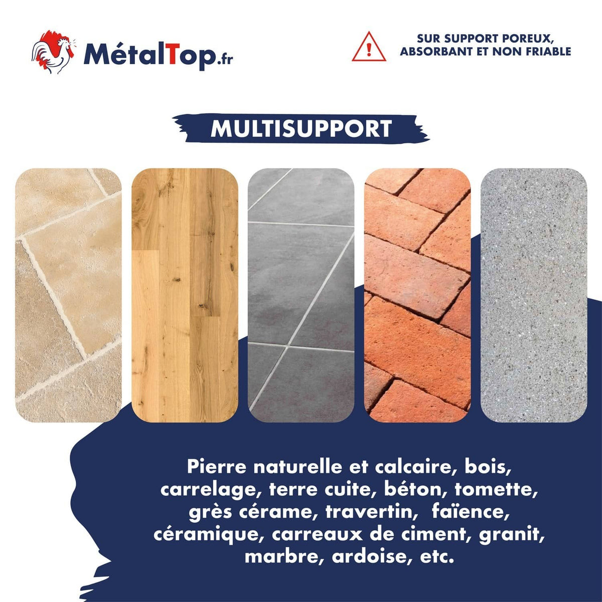 Échantillons multisupports : pierre, bois, carrelage, terre cuite, béton et grès cérame