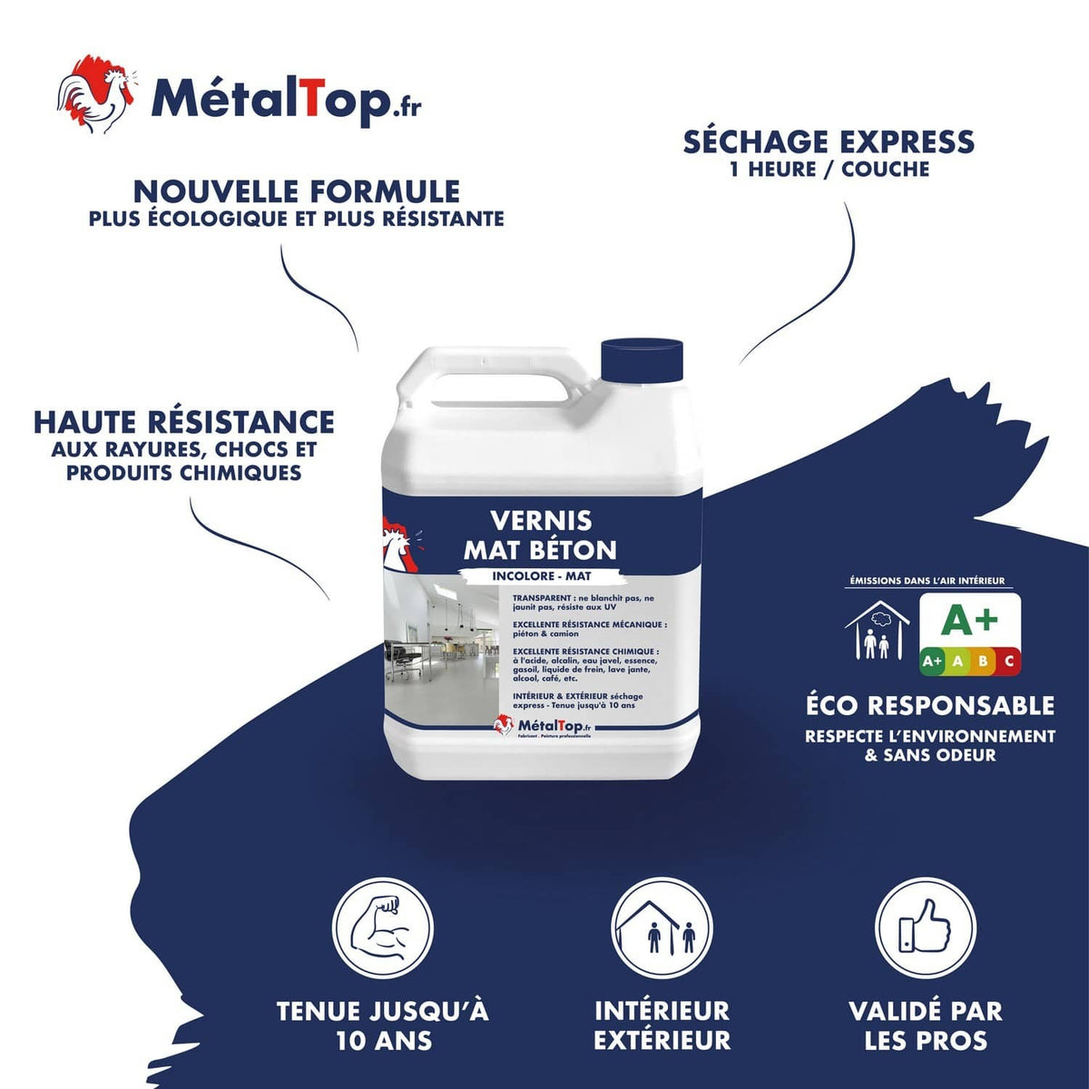 Bidon de vernis mat béton incolore MétalTop, séchage express, intérieur et extérieur