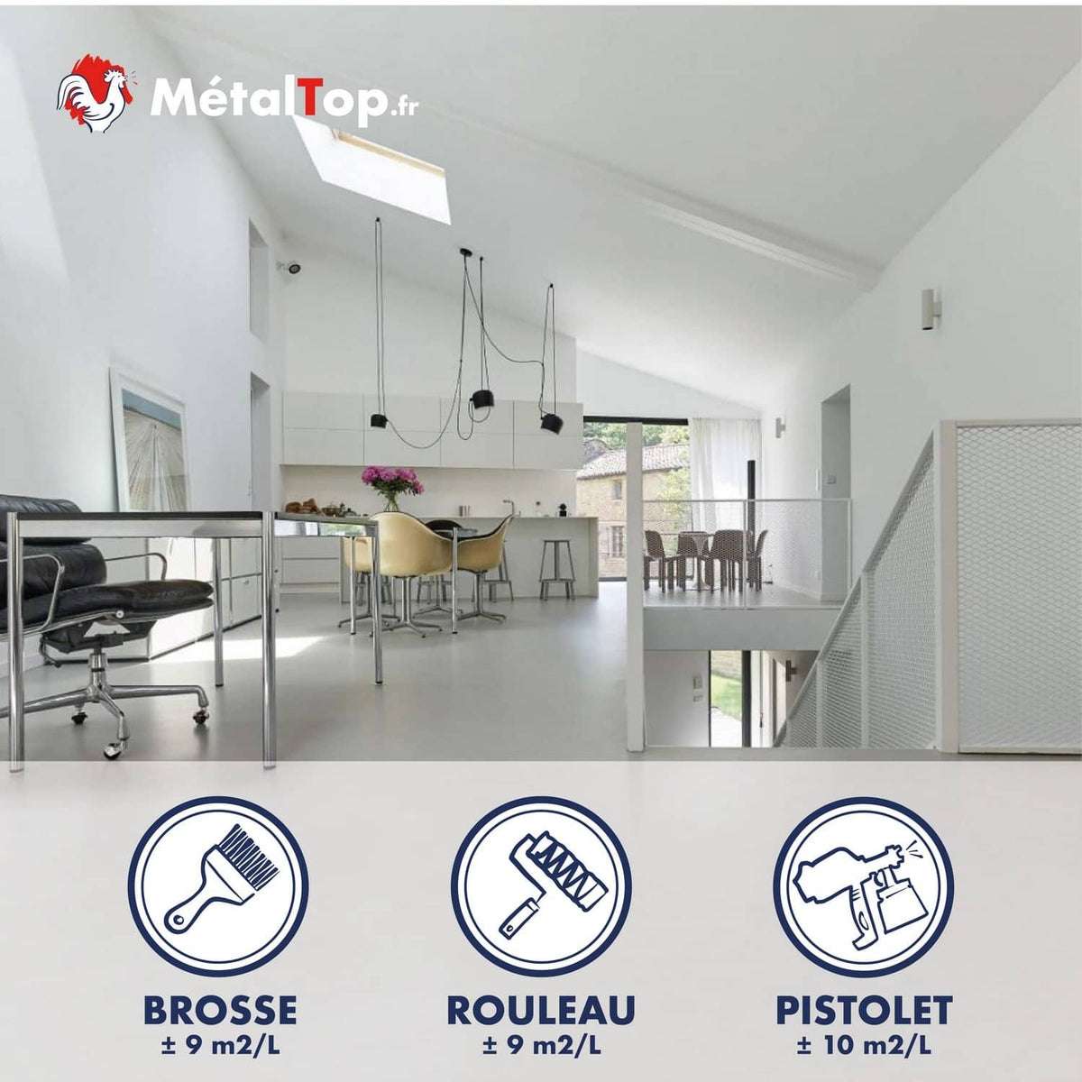 Intérieur blanc lumineux avec pictogrammes brosse, rouleau et pistolet, rendements de 9 à 10 m²/L