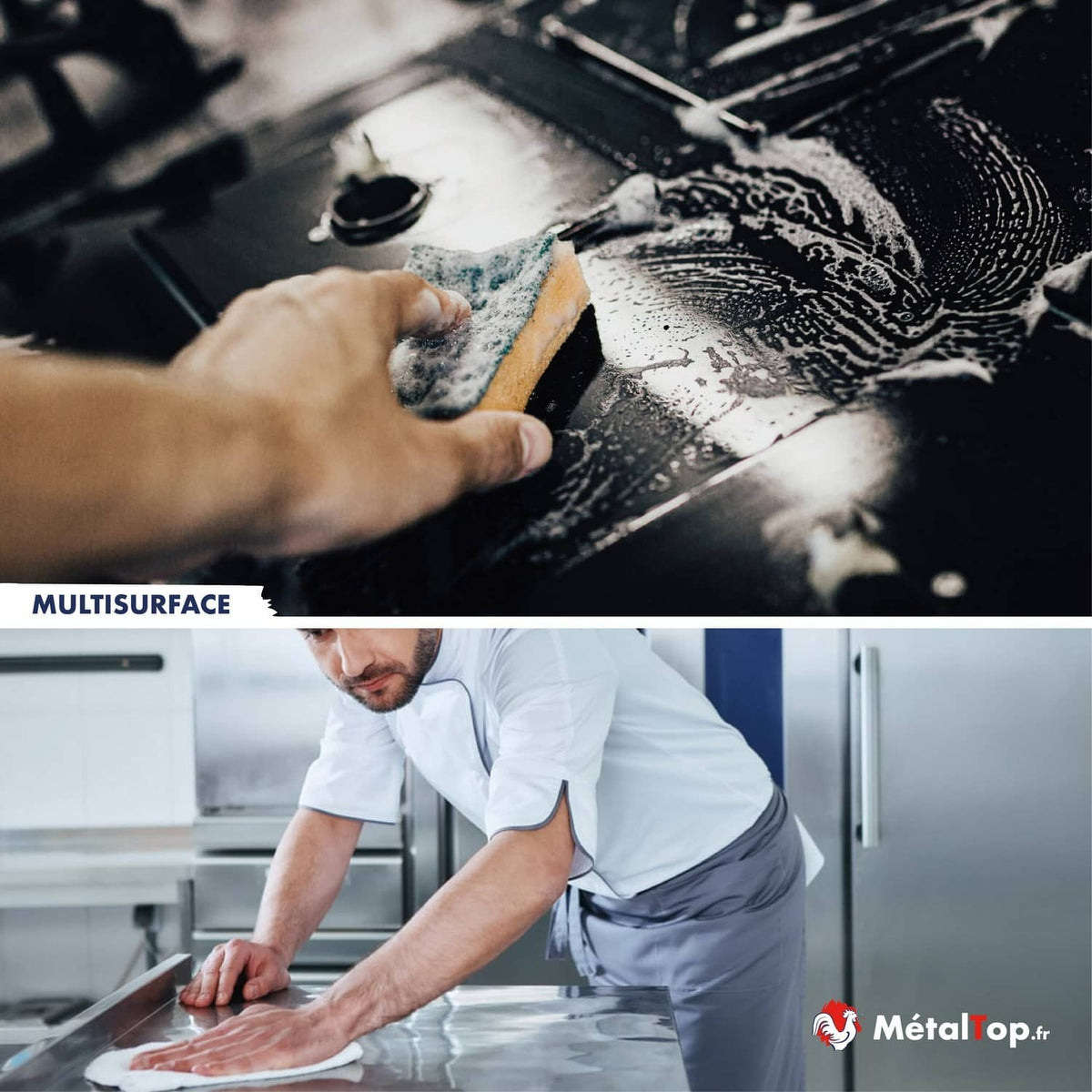 Nettoyage multisurface : éponge sur plaque noire et chef essuyant un plan de travail inox