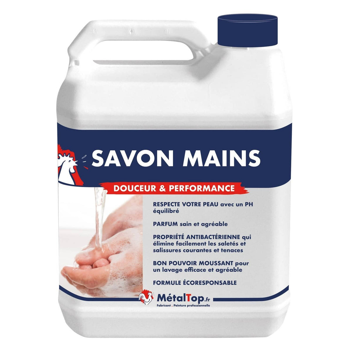 Bidon de savon pour les mains MétalTop avec étiquette bleue et mains savonneuses sous l'eau