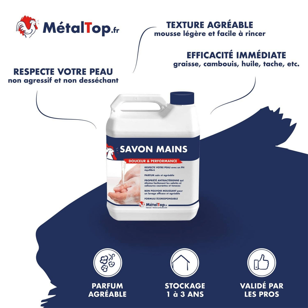 Bidon de savon mains MétalTop, formule douce et mousse légère, pour un lavage efficace