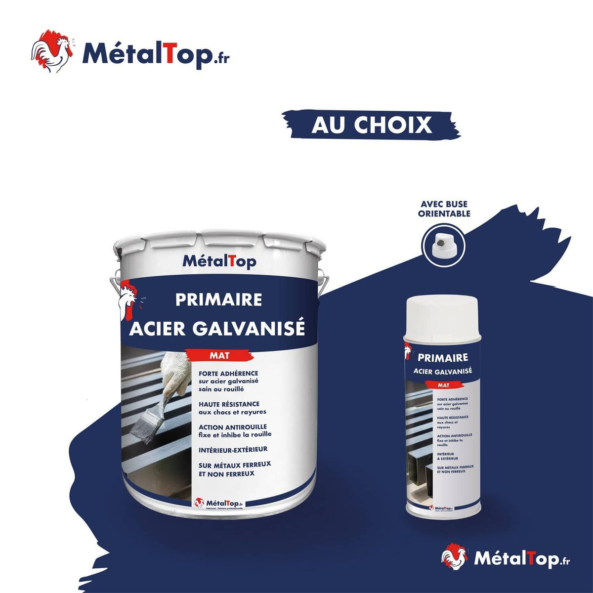 Pot et aérosol de primaire acier galvanisé mat MétalTop avec buse orientable