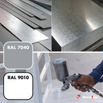 Tôles d'acier galvanisé, nuanciers RAL 7040 et RAL 9010, application de peinture au pistolet