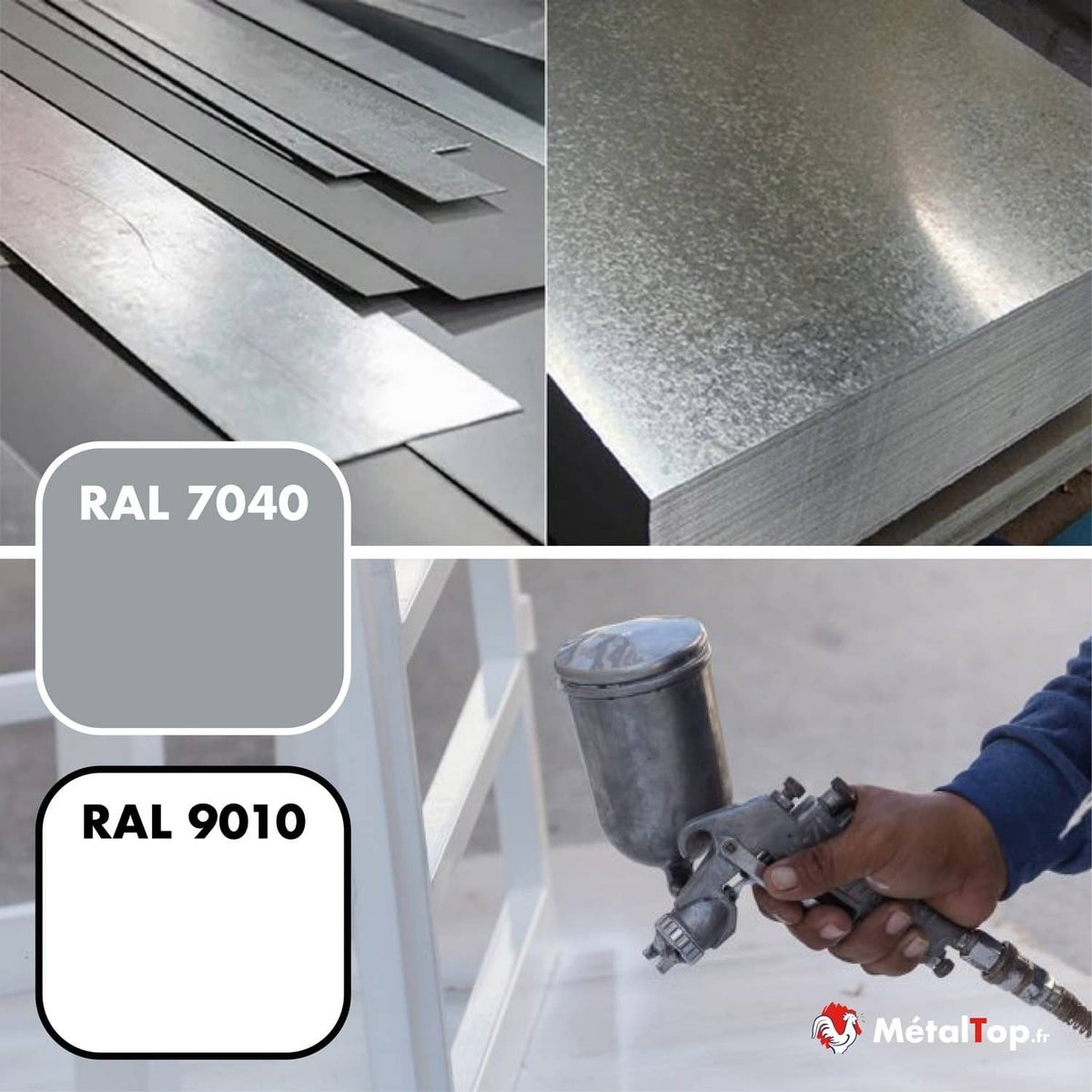Tôles d'acier galvanisé, nuanciers RAL 7040 et RAL 9010, application de peinture au pistolet