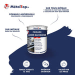 Pot de primaire MétalTop pour acier galvanisé mat, étiquette bleu marine et blanche