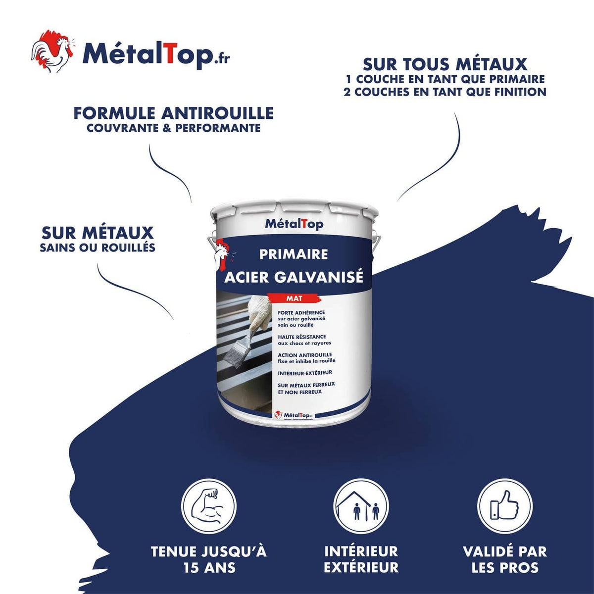 Pot de primaire MétalTop pour acier galvanisé mat, étiquette bleu marine et blanche
