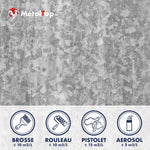 Rendements MétalTop : brosse 10, rouleau 10, pistolet 12 et aérosol 2 m²/L