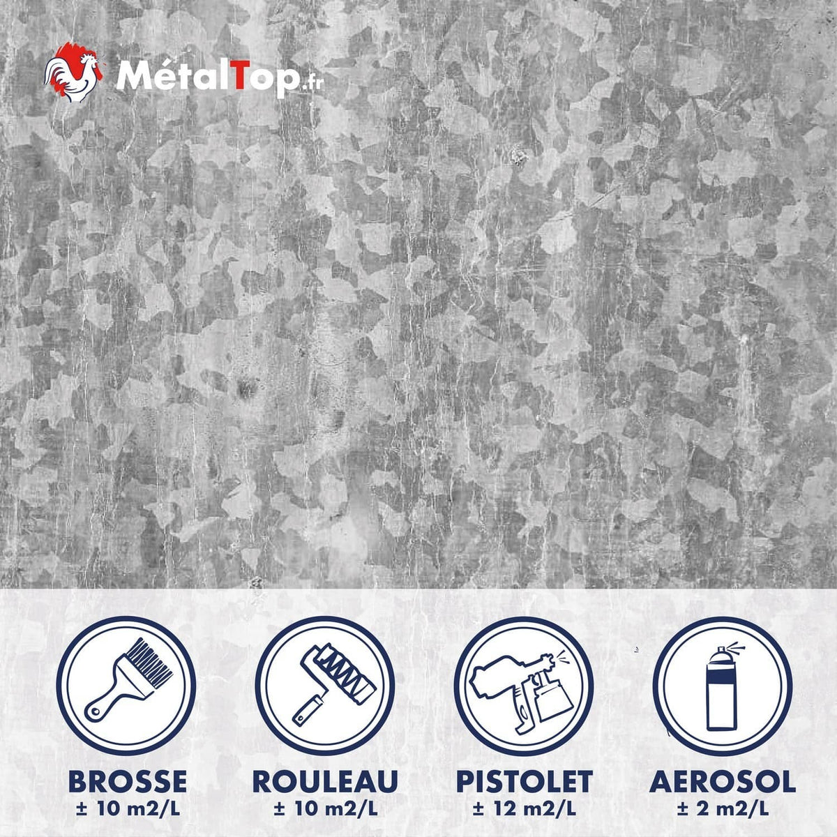 Rendements MétalTop : brosse 10, rouleau 10, pistolet 12 et aérosol 2 m²/L