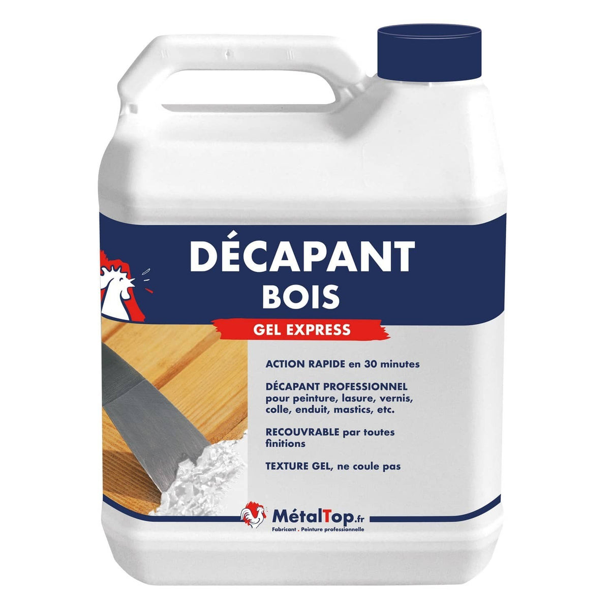 Bidon de décapant bois MétalTop Gel Express, texture gel blanc appliqué à la spatule sur bois