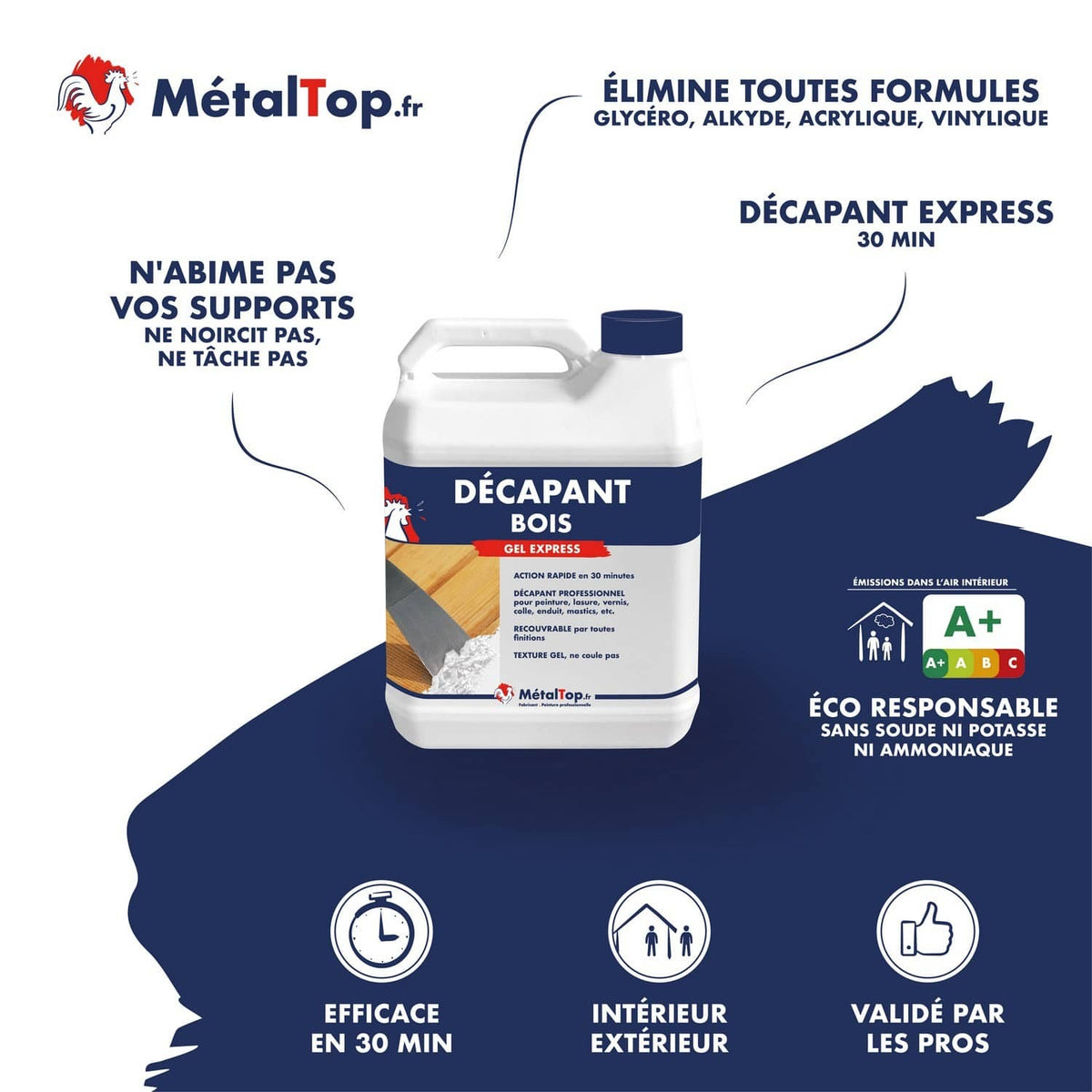 Bidon de décapant bois MétalTop gel express, action en 30 minutes, usage intérieur et extérieur