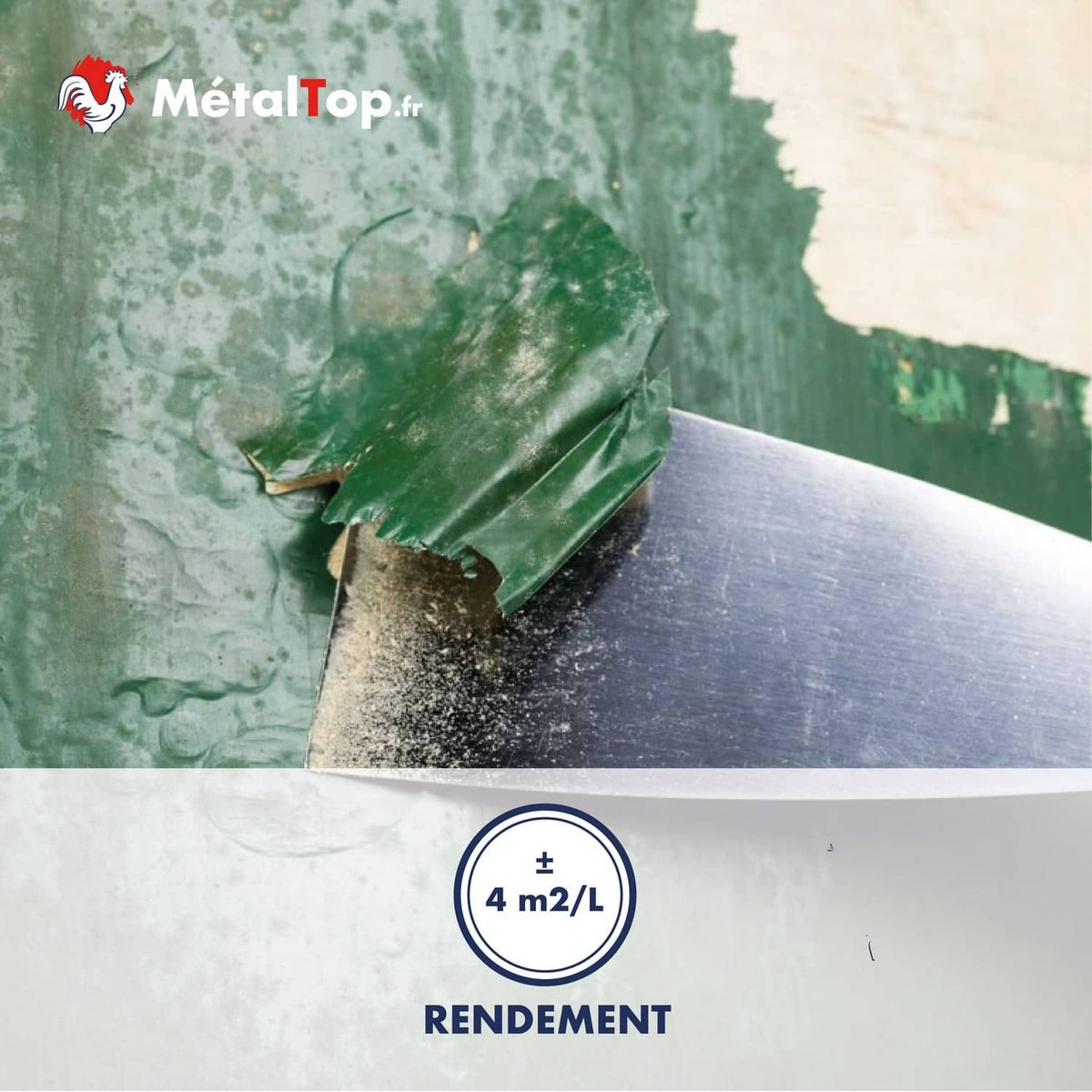 Décapage d'une peinture verte écaillée sur métal à la spatule, rendement ±4 m²/L