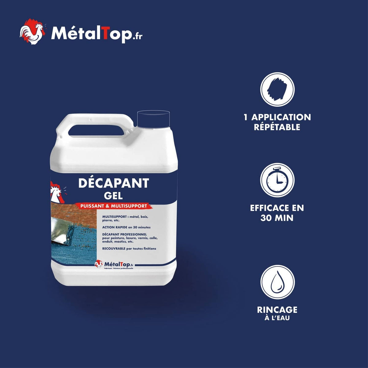 Bidon de décapant gel MétalTop multisupport, efficace en 30 minutes, rinçage à l'eau