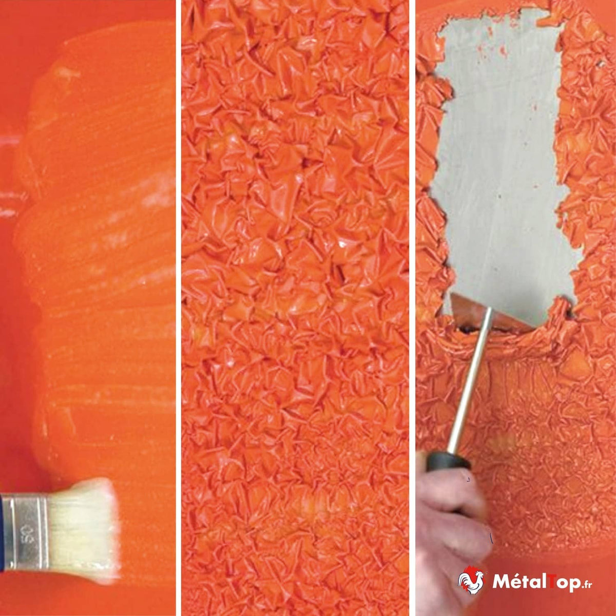 Peinture orange appliquée au pinceau, séchant en texture froissée, puis grattée au couteau pour révéler le fond gris