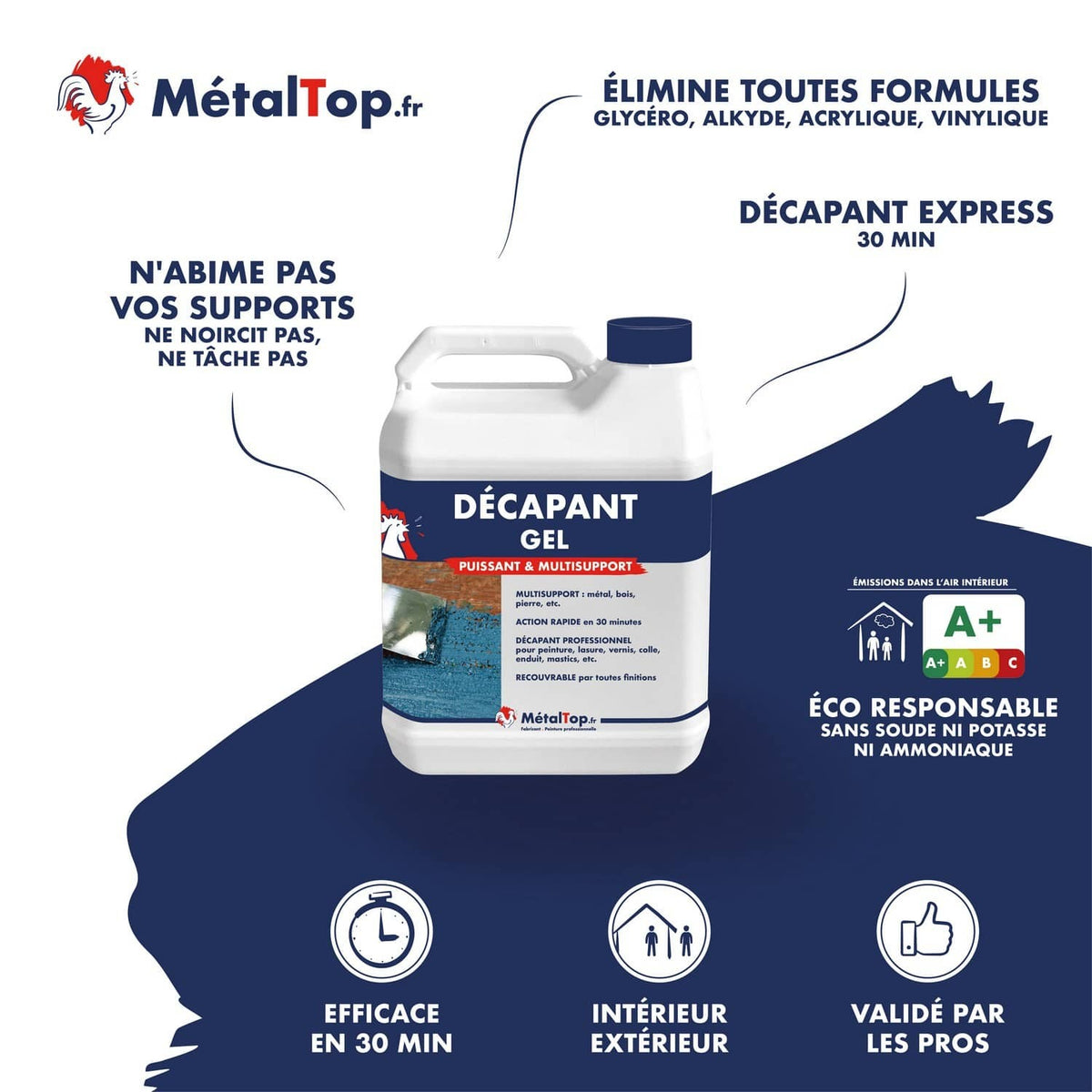 Bidon de décapant gel MétalTop.fr : multisupport, action en 30 minutes, pour peintures et vernis
