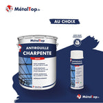 Pot et bombe aérosol Antirouille Charpente MétalTop, finition satin, sur fond bleu marine