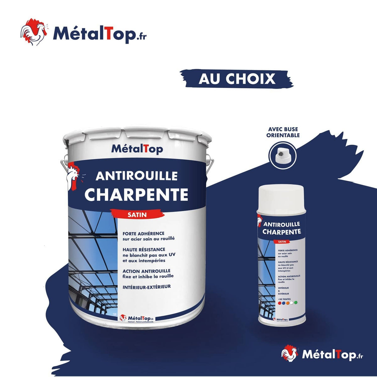 Pot et bombe aérosol Antirouille Charpente MétalTop, finition satin, sur fond bleu marine