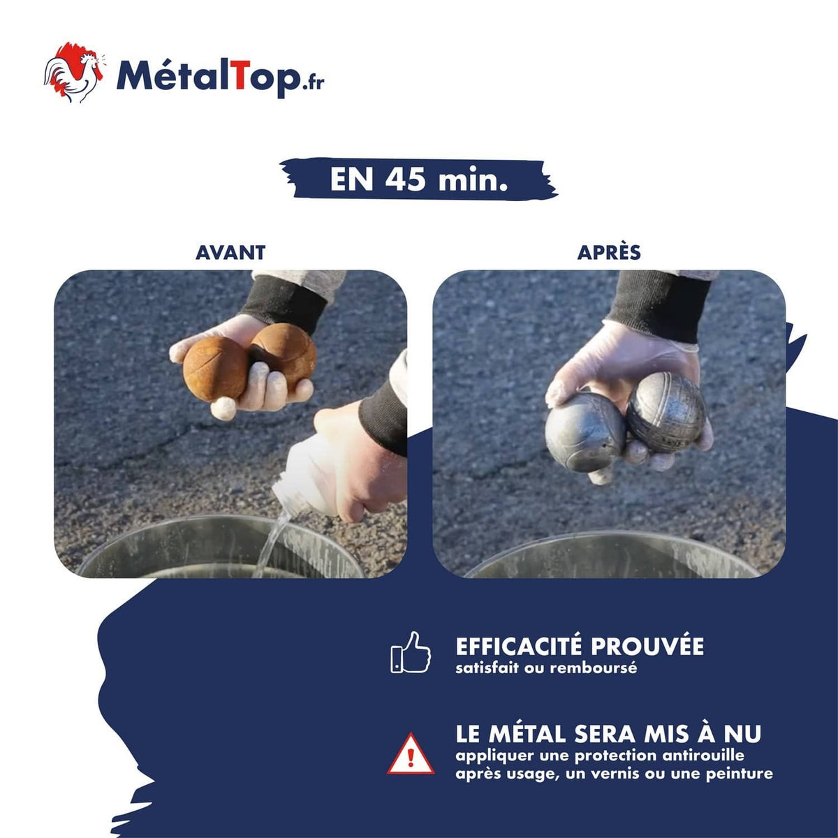 Boules de pétanque rouillées avant et métal nu après nettoyage en 45 min avec MétalTop