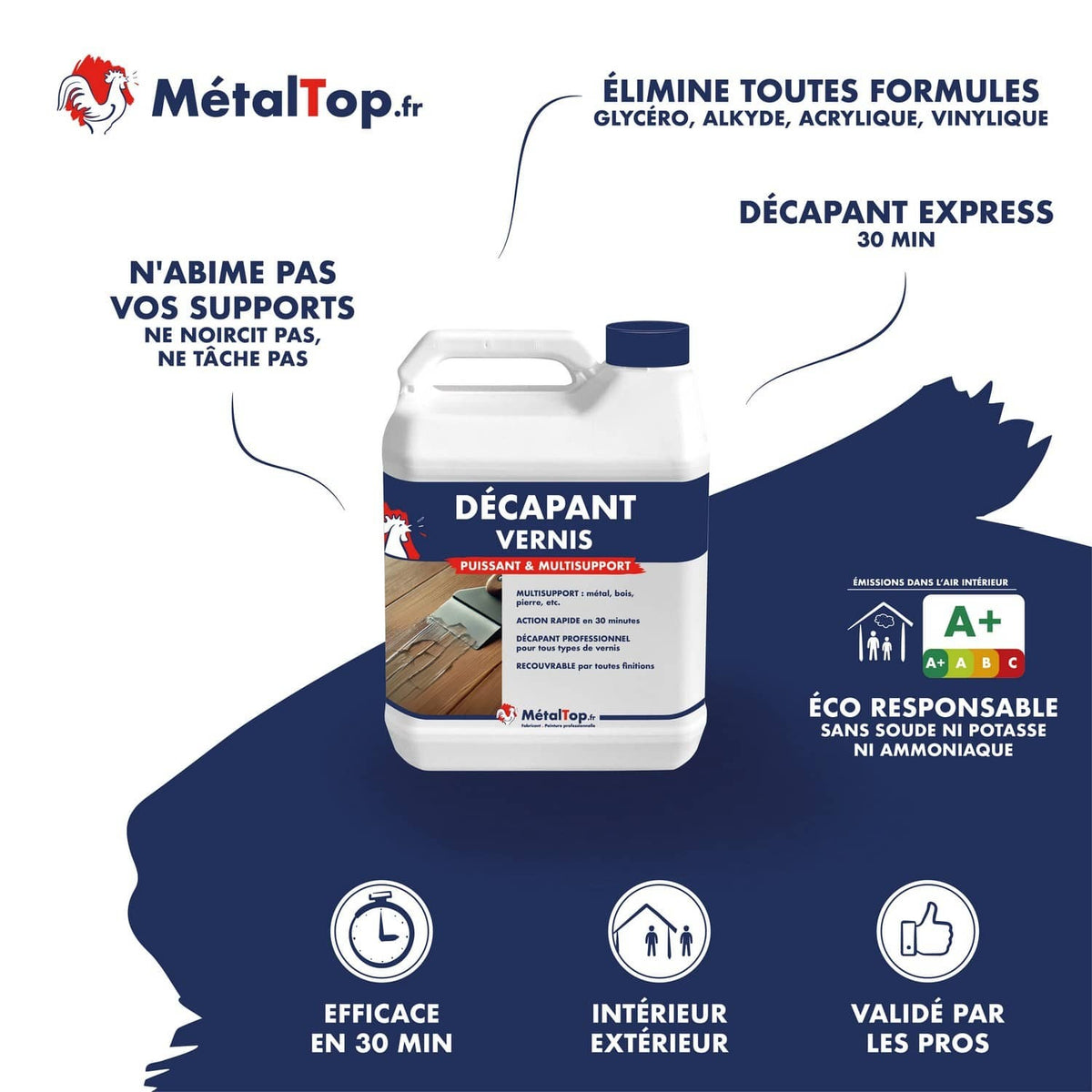 Bidon de décapant vernis MétalTop multisupport, efficace en 30 minutes, intérieur et extérieur