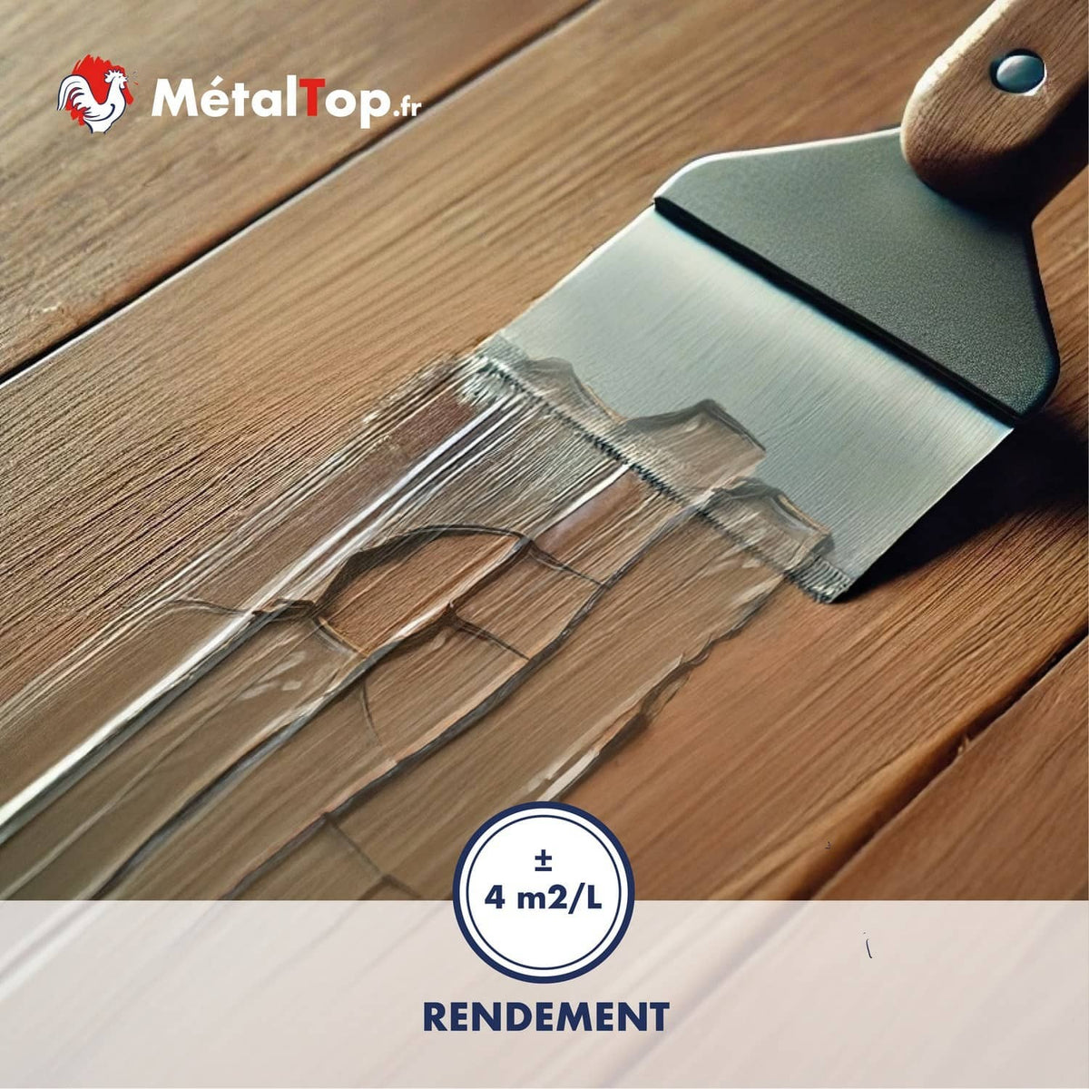 Application d'une lasure transparente au pinceau sur du bois, rendement ±4 m2/L