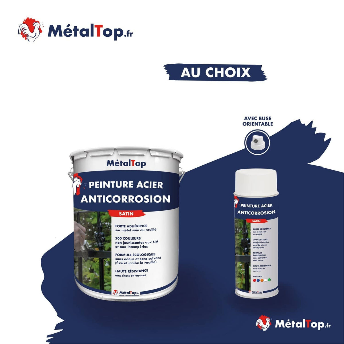 Pot et bombe de peinture acier anticorrosion MétalTop satin bleu marine, avec buse orientable
