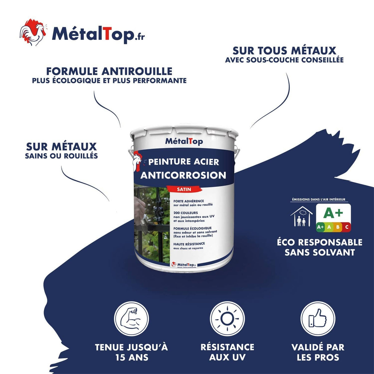 Pot de peinture acier anticorrosion satin MétalTop, sans solvant, tenue jusqu'à 15 ans