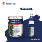 Pot de peinture anticorrosion MétalTop et bombe aérosol à buse orientable sur fond bleu marine
