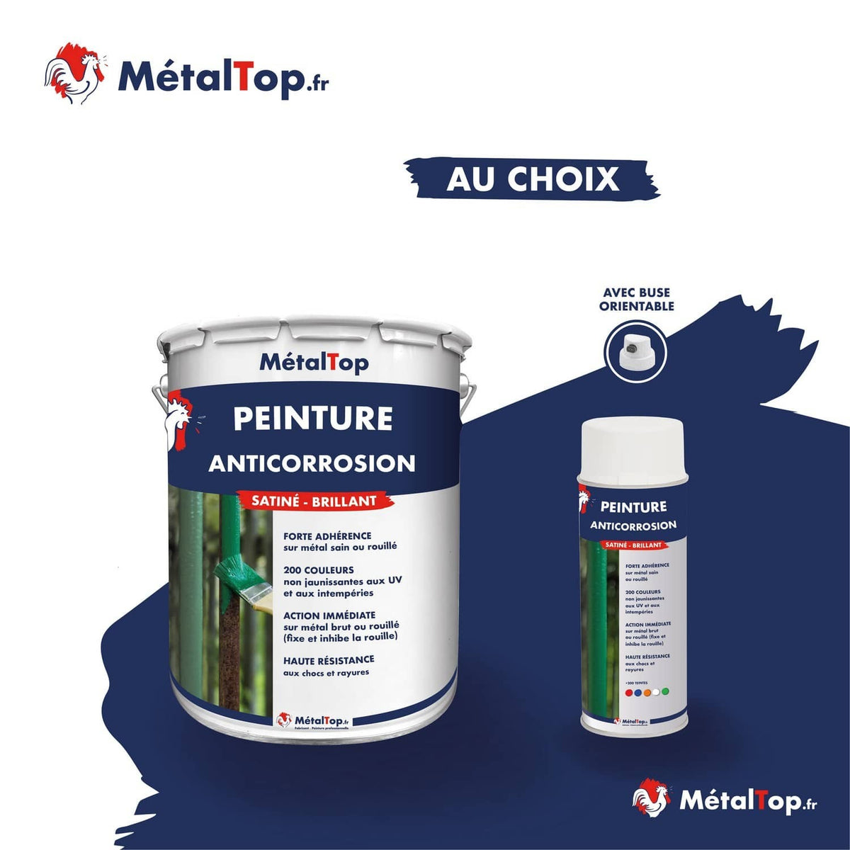 Pot de peinture anticorrosion MétalTop et bombe aérosol à buse orientable sur fond bleu marine