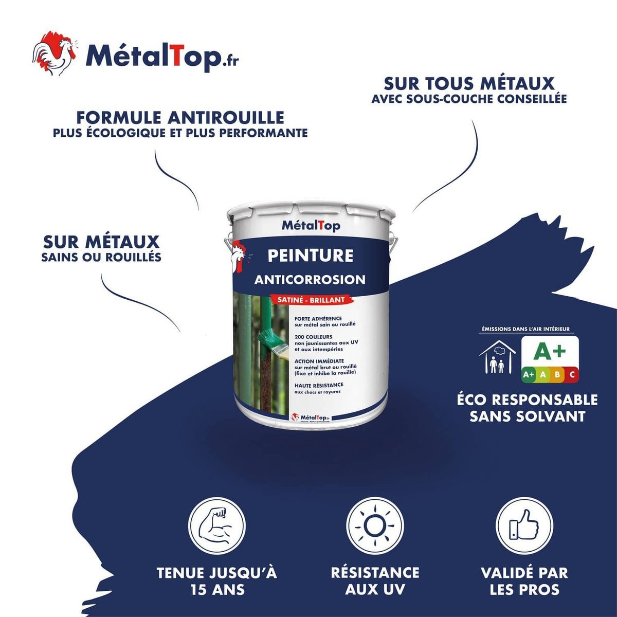 Pot de peinture anticorrosion MétalTop, formule antirouille sans solvant, tenue jusqu'à 15 ans