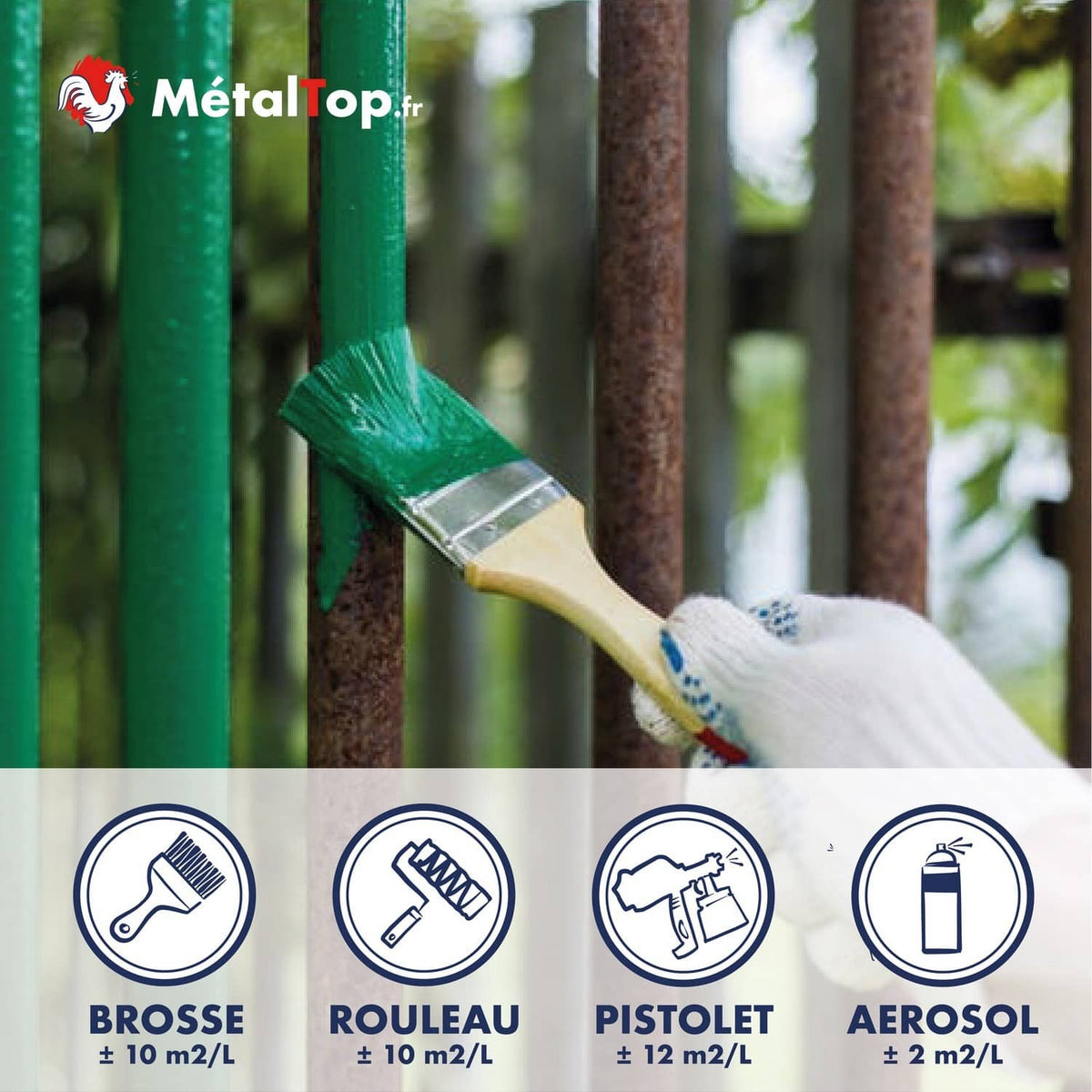 Peinture verte appliquée à la brosse sur barreaux rouillés, outils d'application MétalTop