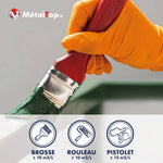 Pinceau chargé de peinture verte MétalTop et rendements brosse, rouleau, pistolet