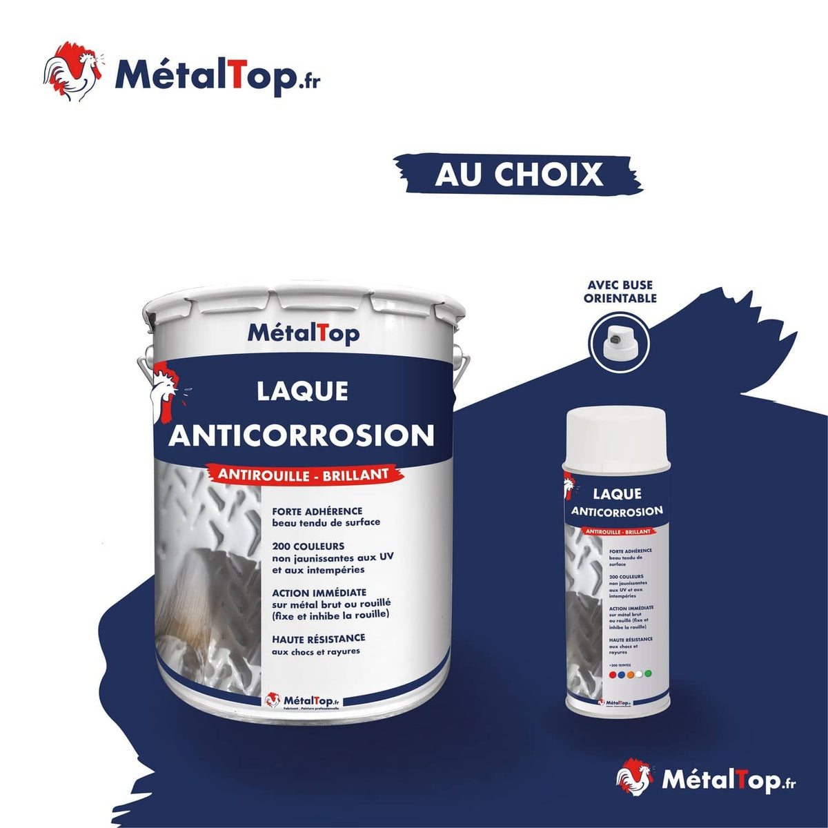 Pot de laque anticorrosion antirouille brillant MétalTop et bombe aérosol à buse orientable