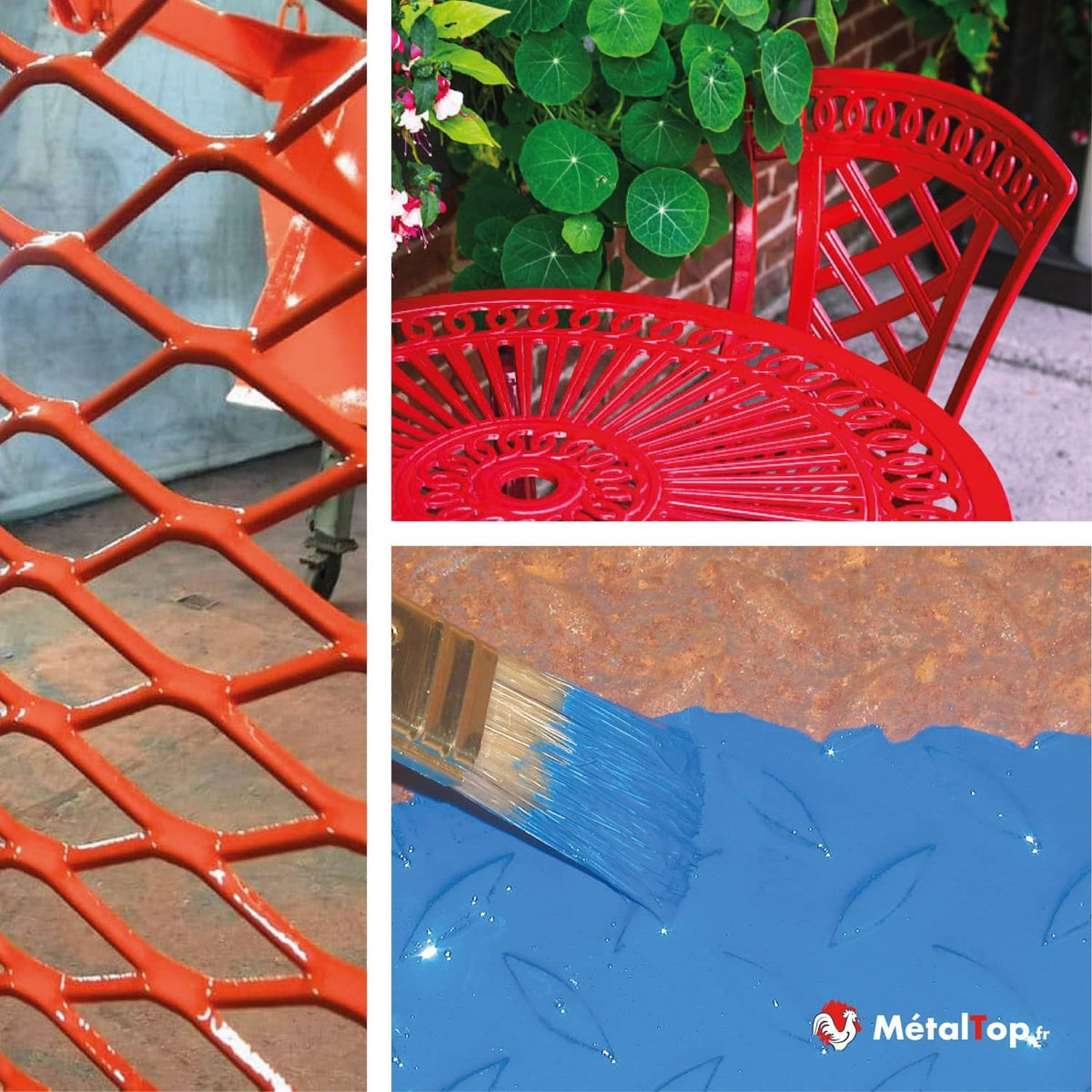 Peinture métal rouge sur grillage et mobilier de jardin, application au pinceau sur tôle rouillée