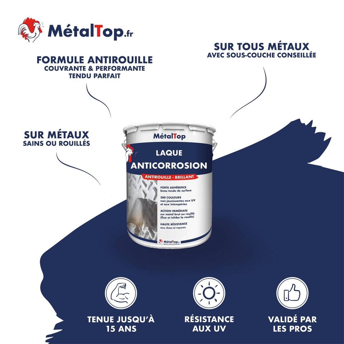 Pot de laque anticorrosion MétalTop antirouille brillant, étiquette bleu marine