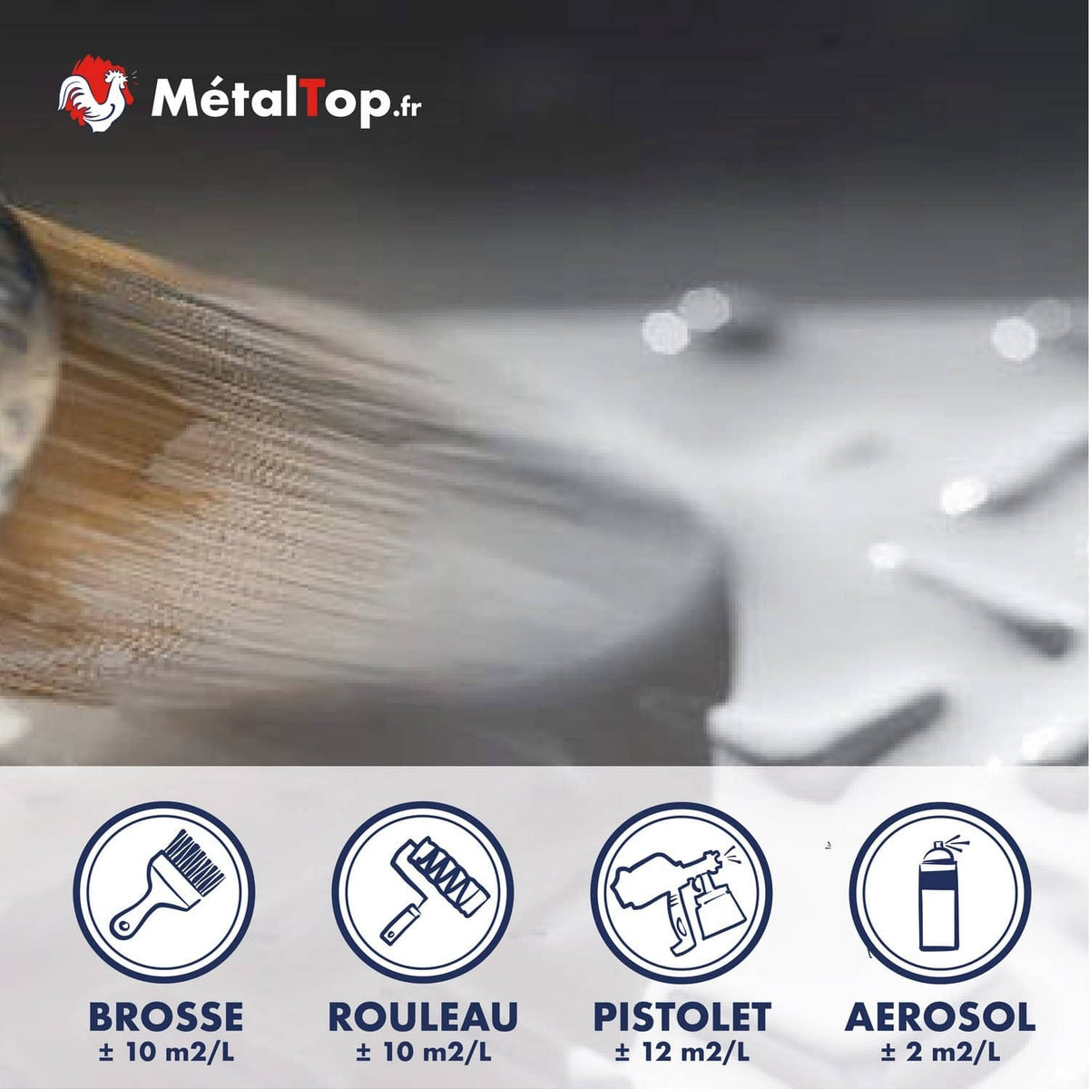 Peinture MétalTop appliquée au pinceau sur métal ; rendements brosse, rouleau, pistolet et aérosol
